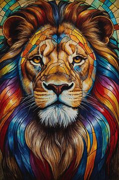 Stained Glass Lion in Vibrant Colors by De Muurdecoratie