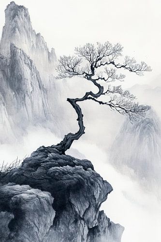 Eenzame boom in mist - Aziatisch landschap