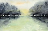 Bomen in de mist (abstract aquarel schilderij landschap bos zonsopkomst groen natuur ochtend ) van Natalie Bruns thumbnail