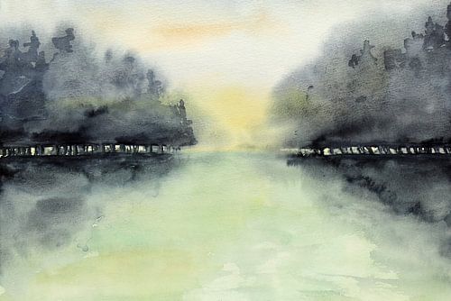 Trees in the mist (abstract watercolor painting landscape forest sunrise green nature morning )