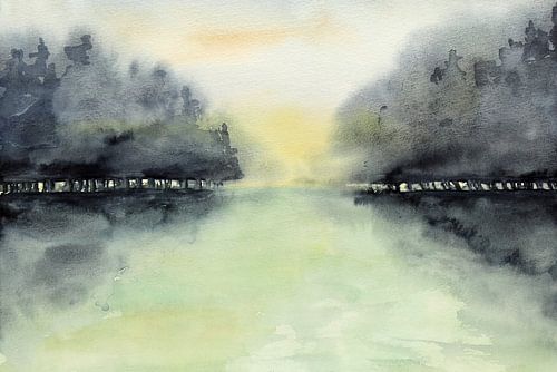 Bomen in de mist (abstract aquarel schilderij landschap bos zonsopkomst groen natuur ochtend )