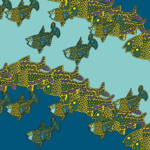 VISSEN grafische print van een school vissen