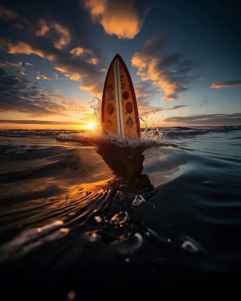 Surfplank in zee bij zonsondergang van fernlichtsicht