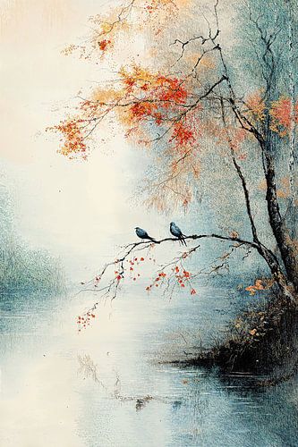 Restful Autumn by the Lake - Bird Pairs in Harmony