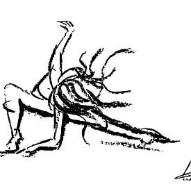 Femme en position athlétique - dessin moderne en noir et blanc - style gestuel sur Emiel de Lange