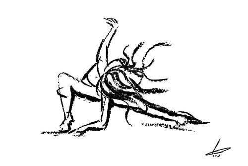 Vrouw in atletische pose - moderne zwart wit tekening - gesture sijl