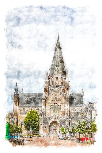Watercolor painting of the Saint Gummarus church in Steenbergen (Brabant, the Netherlands)