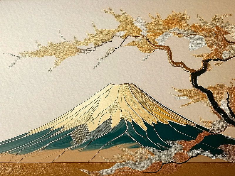 Japans landschap: Mount Fuji in gouden gloed van Studio Pieternel