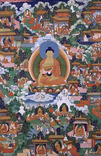 Shakyamuni Boeddha met scènes van Avadana legendes - 19de eeuw