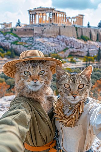 Katten selfie met de Akropolis