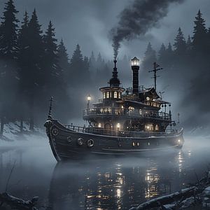 altes Dampfboot in einem winterlich verschneiten Fluß