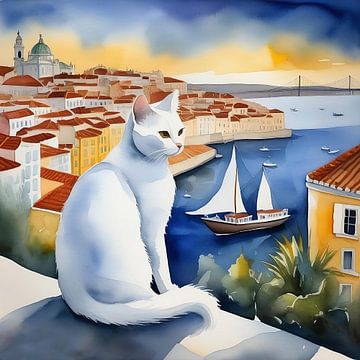Lisbon Cat - Watercolour Cat Art by Vincent the Cat