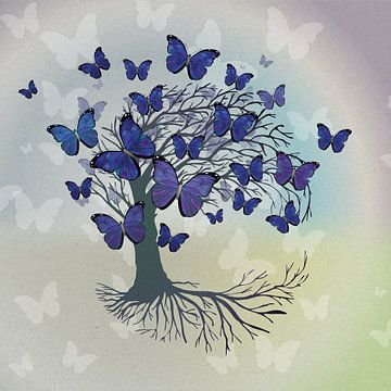 Arbre de vie avec des papillons bleus sur Bianca Wisseloo