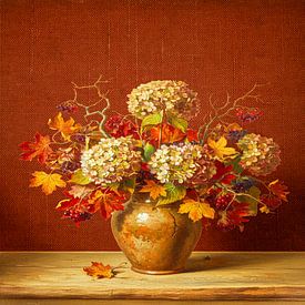 Vintage still life with hydrangea's and autumn leaves in warm tones by Studio Pieternel