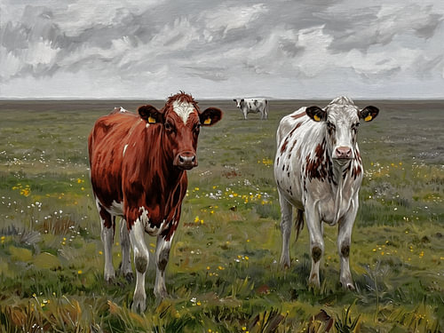 Watchful cows beneath a grey sky.
