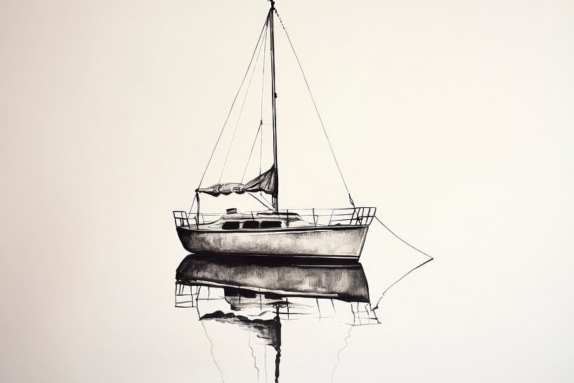 Segelboot und Spiegelung – Schwarz-Weiß von Poster Art Shop