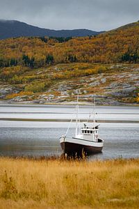 Fishing life in Norway, Norwegian fishing boat at anchor in a fjord