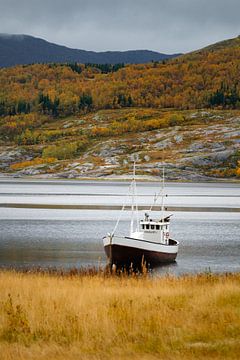 Fishing life in Norway, Norwegian fishing boat at anchor in a fjord by Melissa Peltenburg