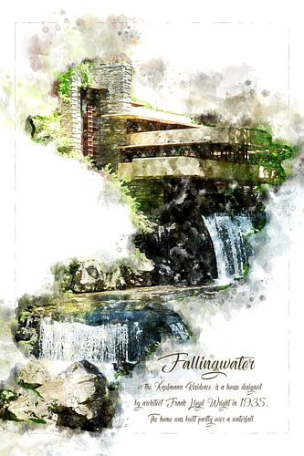 Fallingwater, aquarel, Frank Lloyd Wright, staand formaat