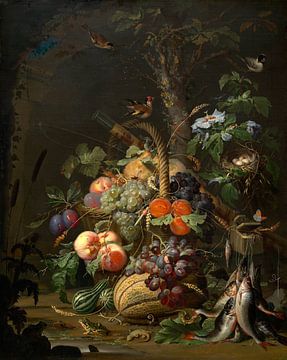 Stillleben mit Obst, Fisch, und ein Nest, Abraham Mignon