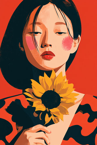 Minimalistische mode-illustratie van een vrouw met een grote zonnebloem