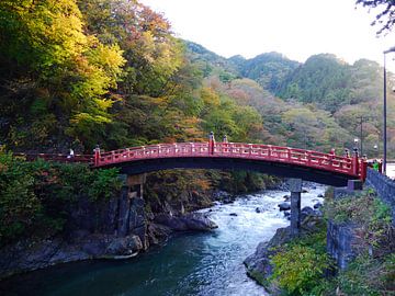 Rode brug in de herfst, Nikko, Japan van Annemarie Arensen