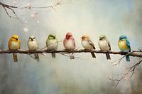 Colourful birds on a branch