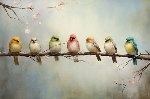 Kleurrijke vogels op een tak