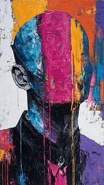 Rebellisches Urban-Pop-Art-Porträt mit verzerrtem Gesichtsausdruck, Farbtropfen und Impasto-Struktur von Aden Pink Studio