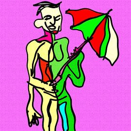 Personnage néo-expressionniste tenant un parapluie dans une atmosphère urbaine chargée d'émotion sur Aden Pink Studio