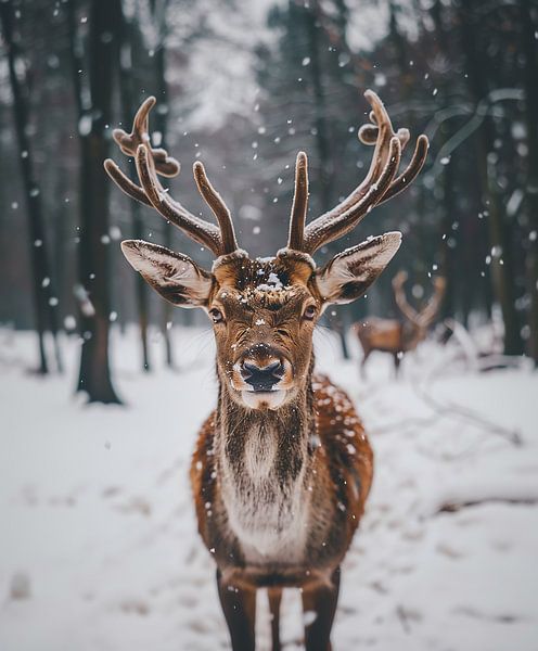 Herten in het besneeuwde bos van fernlichtsicht