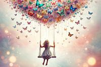 Fantasy world: Girl swings among butterflies