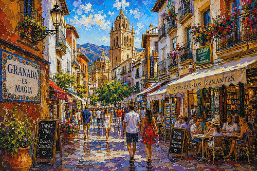 A painting of Granada – a beautiful city in Spain.