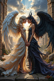Dark Fantasy Wandbild: DARK ROMANCE - Lesbische Liebe zwischen Engel und Dämonin von INFERAURUM - Dark Fantasy Wall Art & Poster