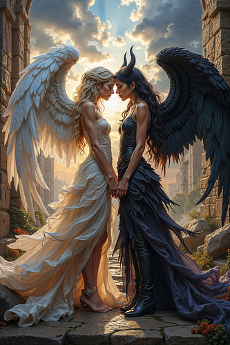 Dark Fantasy Wall Art & Poster: DARK ROMANCE - Lesbian Love Between Angel and Demoness