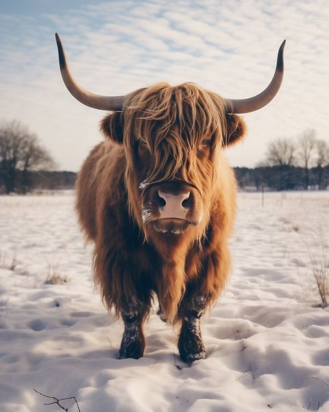 Bœuf des Highlands dans la neige par fernlichtsicht