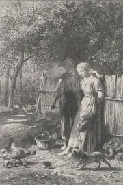 Peasant family feeds chickens in a yard by Charles Emile Jacque from the Rijksmuseum by Kleurenrijk