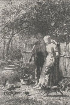 Boerengezin voert kippen op een erf van Charles Emile Jacque uit het Rijksmuseum