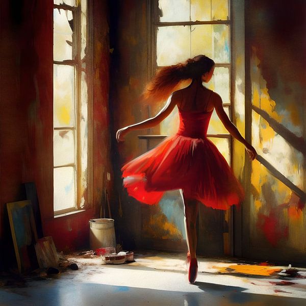 Balletttänzerin in einer alten Fabrik - farbenfrohes Kunstwerk im Stil eines Ölgemäldes von Emiel de Lange