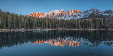 Dolomites Lake Carezza with alpenglow by Jean Claude Castor