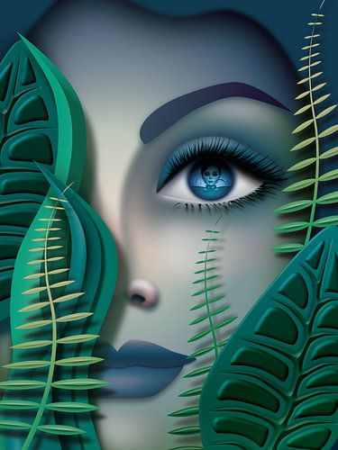 Beautiful woman peeping through leaves by Britta Glodde