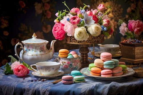 Macarons en Theeservies met Rozen - Pastel Dessert Stilleven