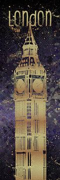 Grafische Kunst LONDEN de Big Ben | ultra violet & goud van Melanie Viola