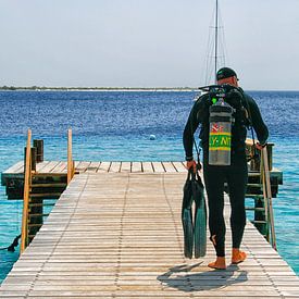 Diver on a jetty on Bonaire by Patricia Hofmeester