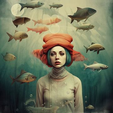 Mooie vrouw in een vreemde bizarre oceaan met visjes van Art Bizarre