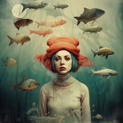 Beautiful woman in strange bizarre ocean with fish