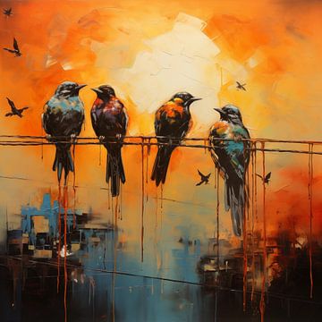 Vogels op stok zonsondergang abstract van TheXclusive Art