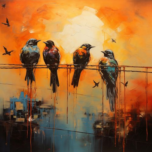 Vogels op stok zonsondergang abstract