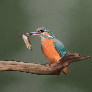 Aquarell Eisvogel mit Fisch im Schnabel von Emmy Van der knokke