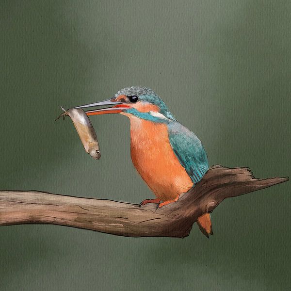 Watercolor kingfisher with fish in beak by Emmie Van der knokke
